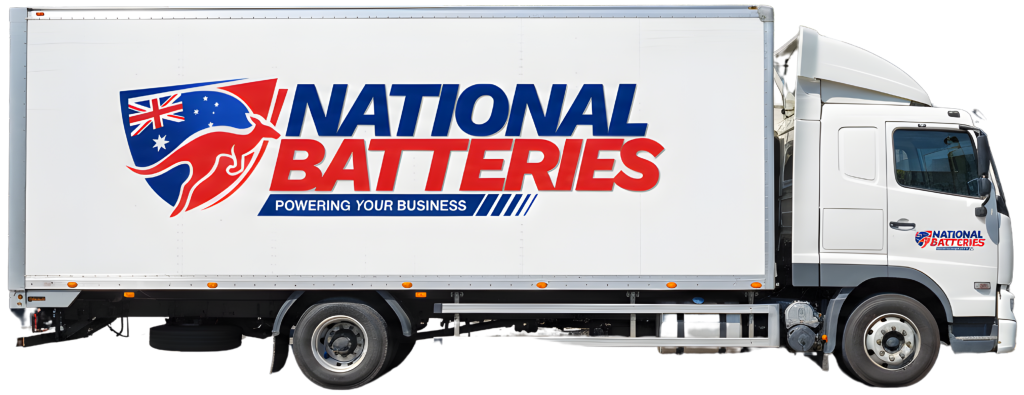 White box truck with the National Batteries logo on its side